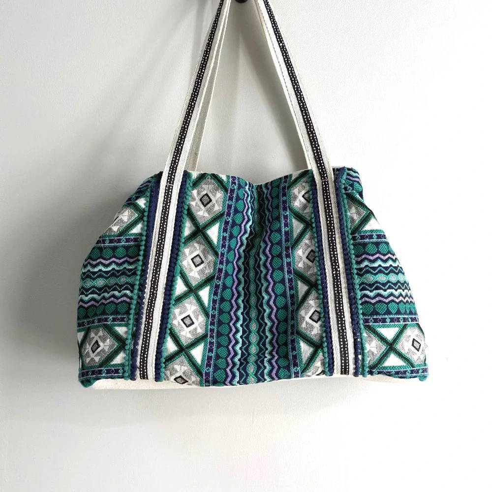 Teal/Green Geometric Woven Tote Bag Women Large Boho Vacation Vibes Beach Travel